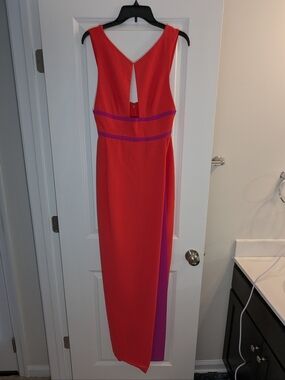 BCBGMaxAzria Red Maxi Dress with Purple Accents, Size 6